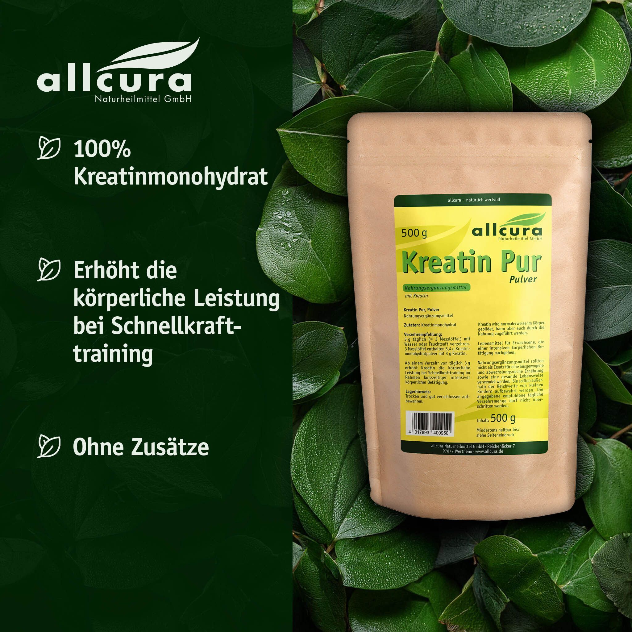 allcura Kreatin PUR Pulver Premium Qualität 2x 2x500 g
