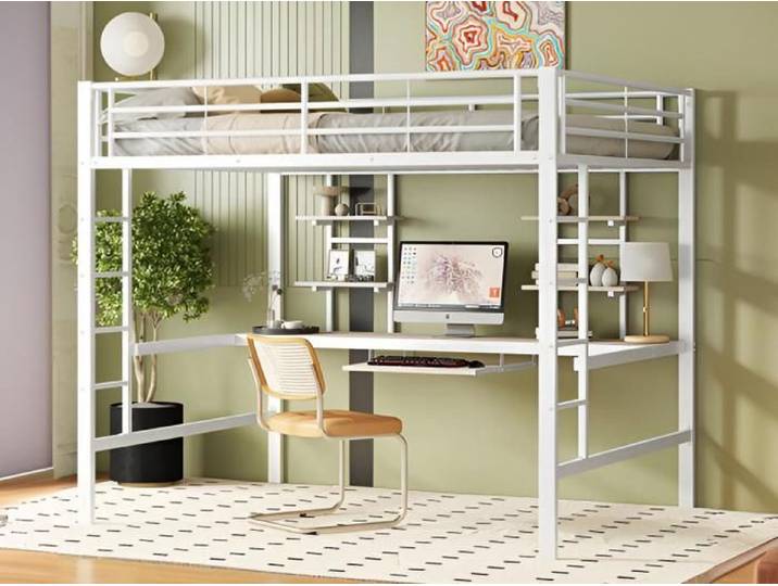 Lit mezzanine 140x200cm - Blanc - Bureau intégré - Étagères - Cadre en métal
