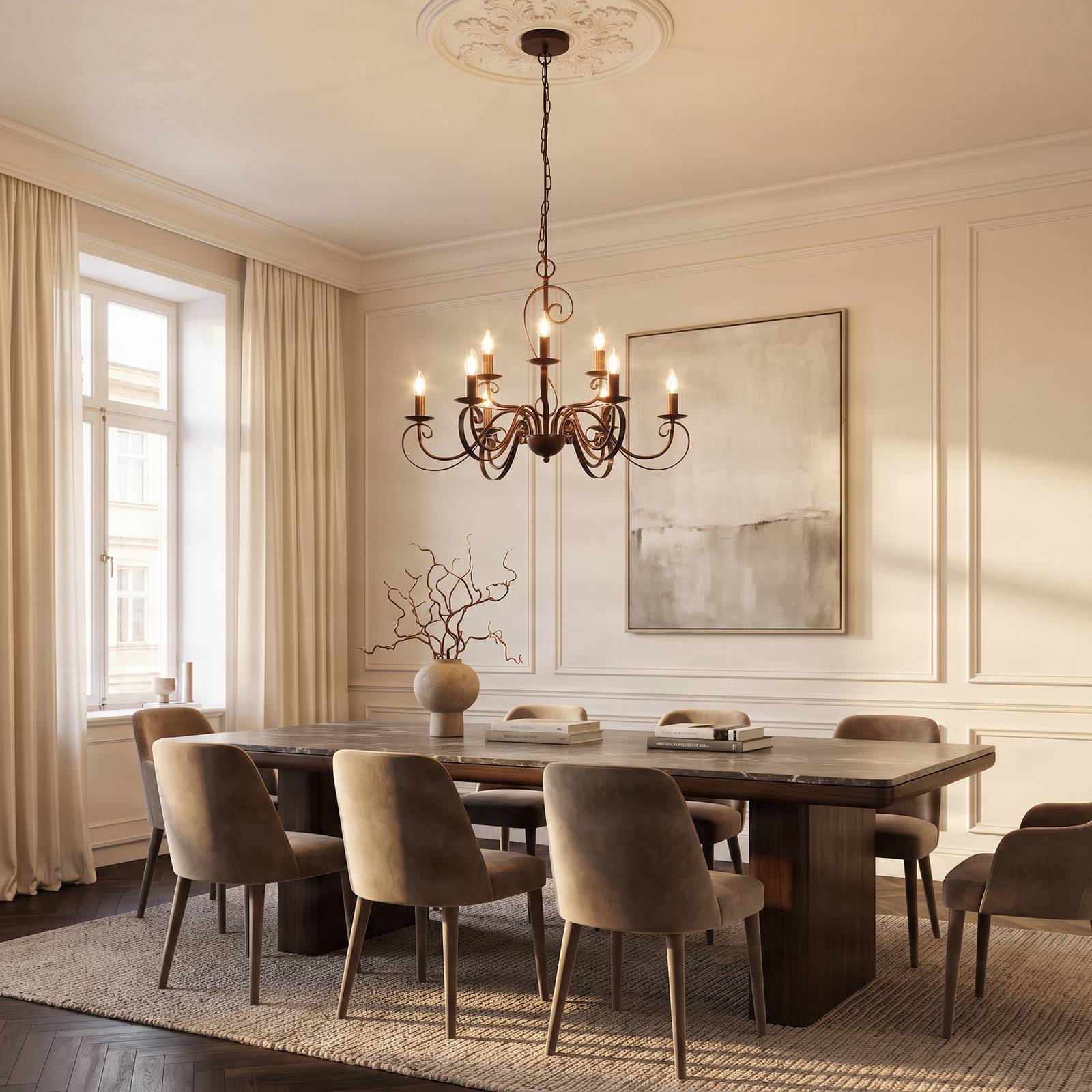 Chandelier Caleb Lindby, dimmable, Brown / rust, Hallway, metal, Country House / Rustic, Ceiling Light