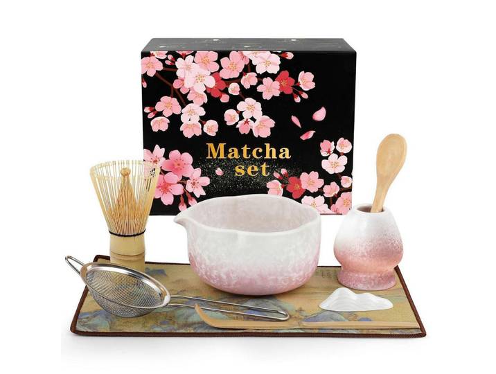 Matcha Set 8-teiliges Set mit Schale, Besen und Löffel, Rosa, Keramik, 15.2x10x28 cm, Geschirr, Kannen & Karaffen, Kaffeezubehör & Teezubehör