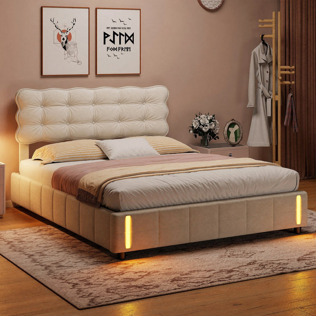 Brayden Studio Shane Velvet Upholstered Ottoman Storage Bed Frame with LED Sensor Night Lights Beige Double (4'6)