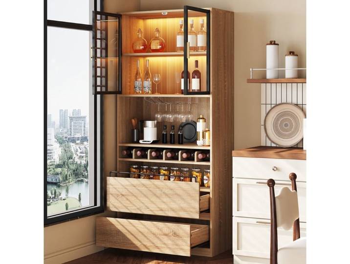 Armoire vitrine 80x40x180 cm avec portes en verre éclairage LED 3 couleurs rangements ouverts et tiroirs MDF naturel