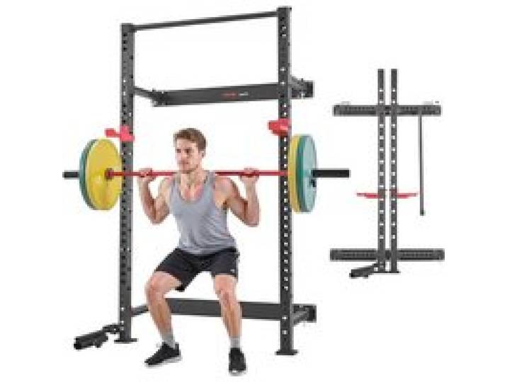 VEVOR Power Cage Klappbar 454 kg Belastbar, Wandmontiertes Power Rack, Multifunktionales Krafttrainingsgerät mit Landminenbefestigung & verstellbaren J-Haken & Klimmzugstange für Heimfitnessstudio