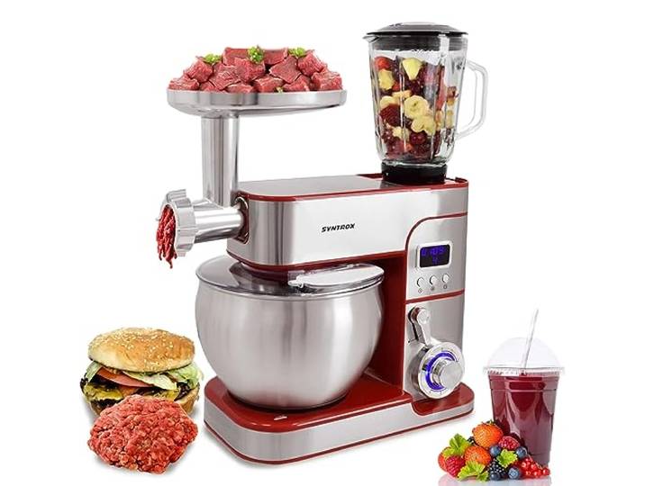 Syntrox Küchenmaschine Glumya Edelstahl 7 Liter Küchengerät & Fleischwolf, Zubehör für Teig und Cremes, LED-Display Timerfunktion, 1300 Watt, einfache Bedienung (Rot)