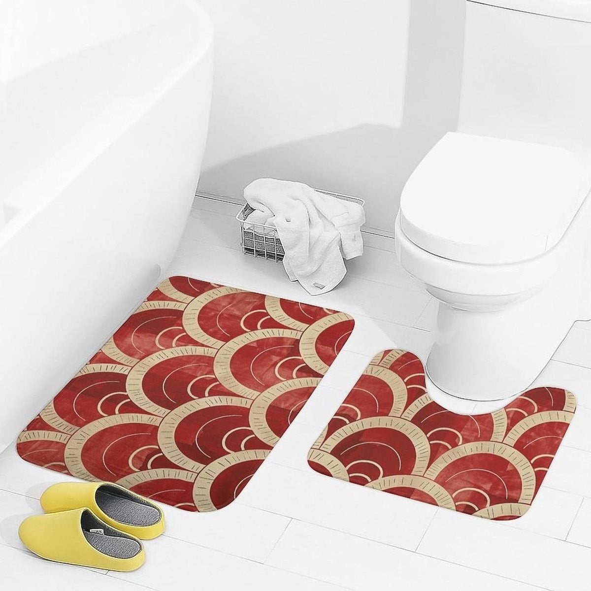 Set van 2 ultra zachte flanellen badkamermatten in rood en beige