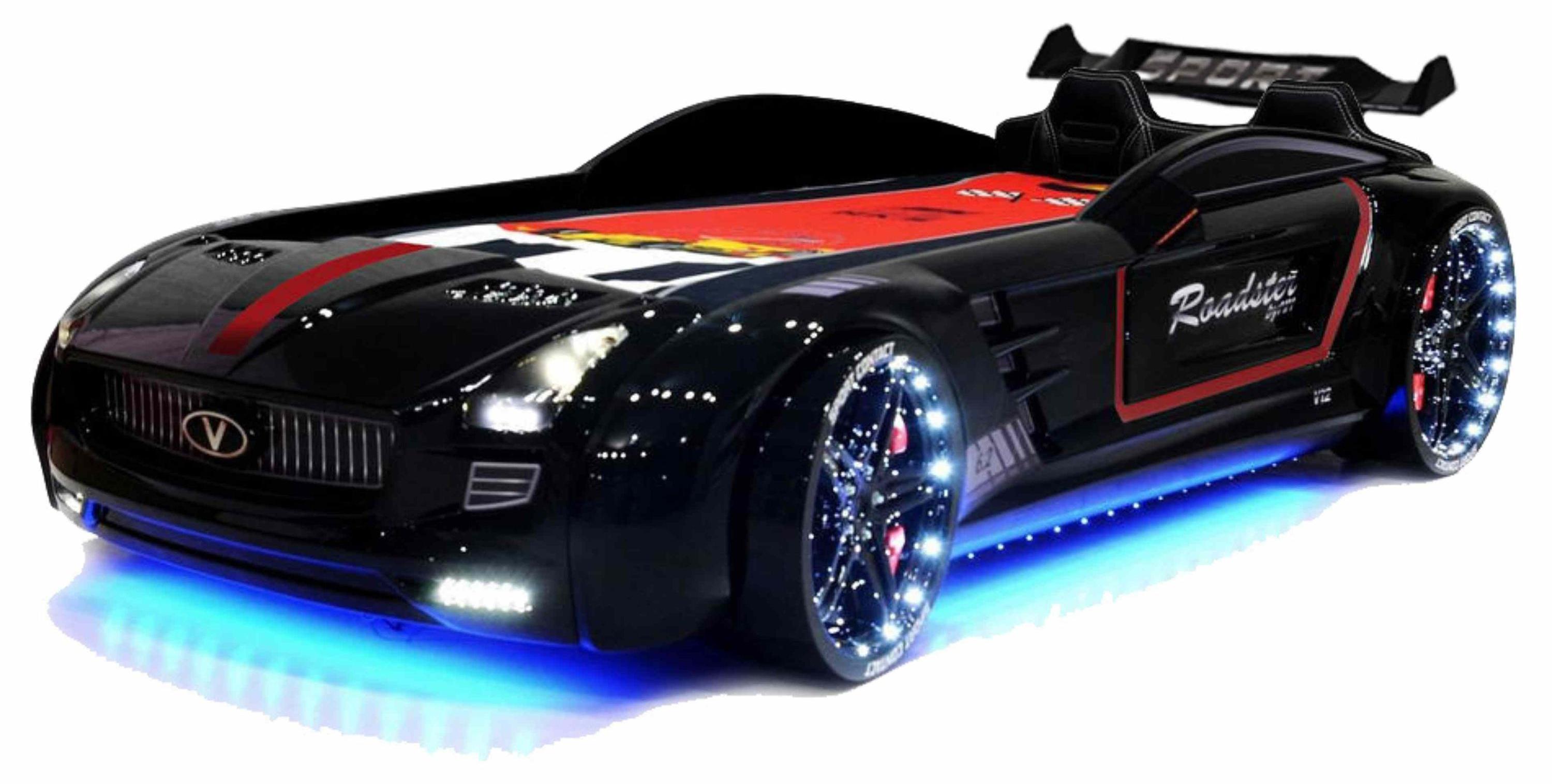 Autobett Rio Roadster Schwarz - Kinderbett 90x190 cm mit LED-Beleuchtung, Soundmodul, Sportsitzen, Spoiler und Lattenrost, Matratze:ohne Matratze, Bettwäsche:ohne Bettwäsche, Wandregal:Spoiler Regal