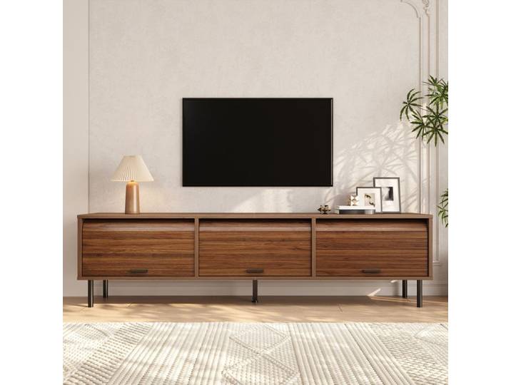 COZHYESS Meuble TV Noyer 180x40x55 cm Meuble TV Bas avec 3 Portes Coulissantes Rangement et Pieds en Métal pour Salon