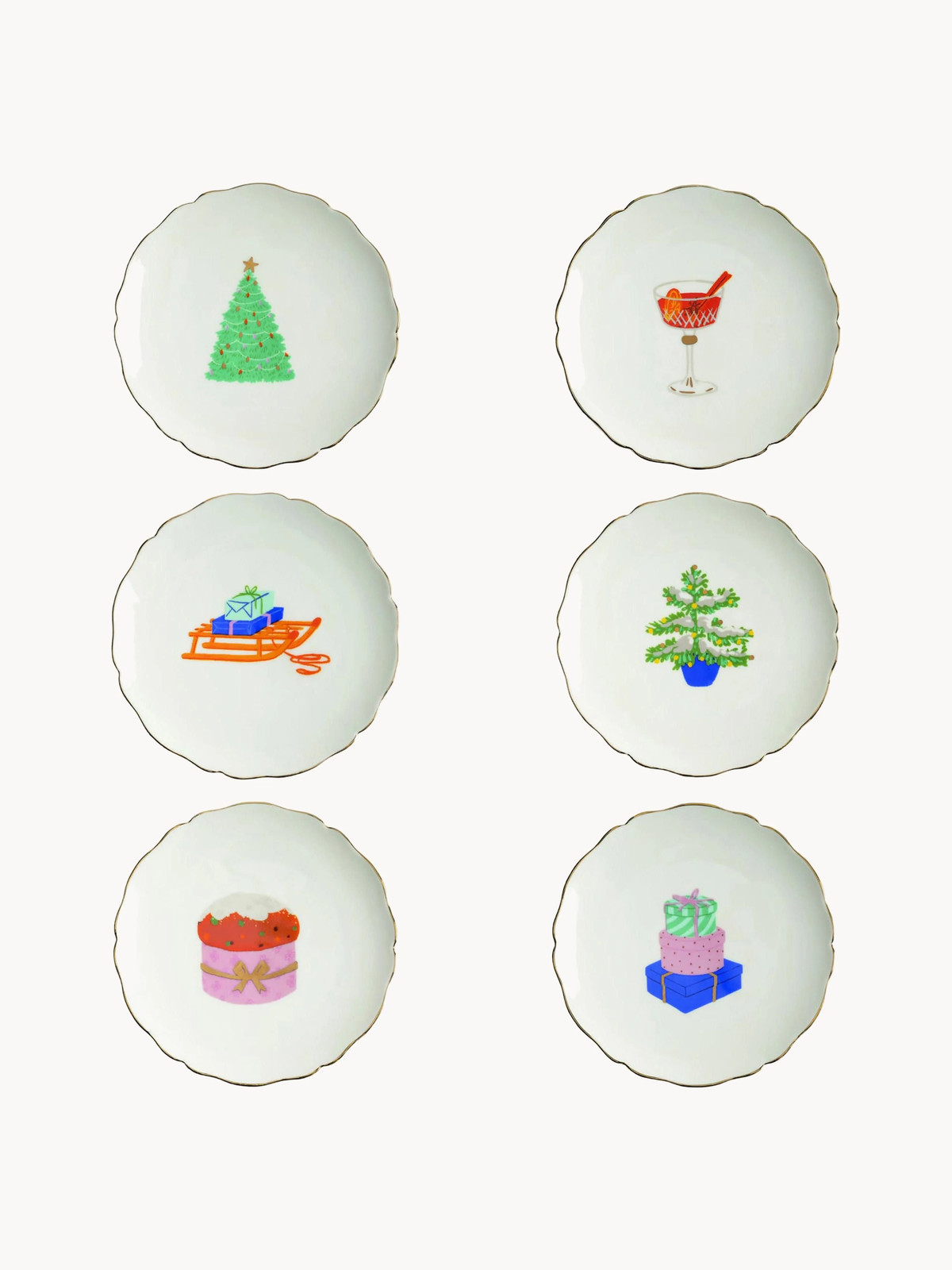 Feast Handbeschilderde taartplaatjes met kerstmotief, 6-delig