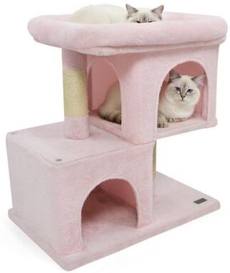 Costway Modern Cat Tree Space-saving Cat Tower with Upholstered Perch and 2 Cat Condos-Pink