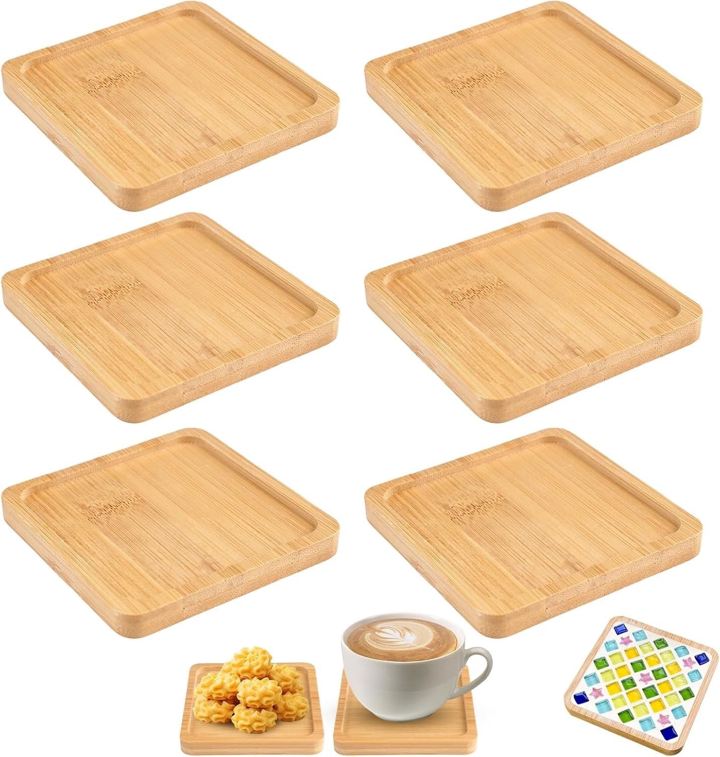 Set van 6 vierkante mini bamboe dienbladen van 9 cm voor onderzetters en decoratie accessoires