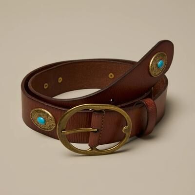 Lucky Brand Western Turquoise Ornamented Leather Belt - Women's Accessories Belts in Tan, Size M