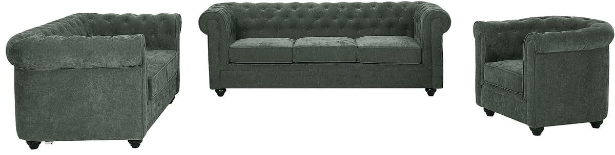 Chesterfield Meubelset met driezitsbank, tweezitsbank en fauteuil in groene stof