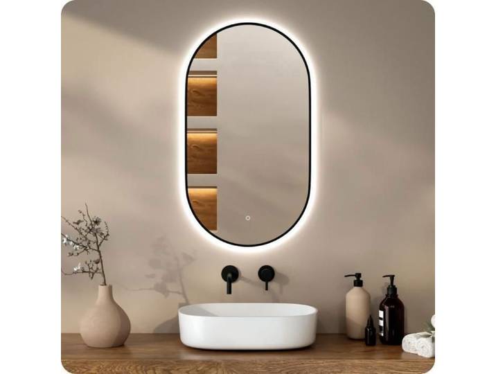 Mirlux Miroir de salle de bain Mirlux 90x50 cm - Anti-buée - avec LED - Ovale - Rétroéclairage - Cadre noir - Essentials