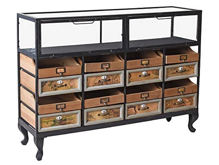 PALAZZO INT Vintage Sideboard „Coney Island“ – Industrial Kommode mit 16 Schubladen im Patchwork Design Holz & Metall Loft Stil mit Glasvitrine Fabrikmöbel Anrichte 80×110×32 cm