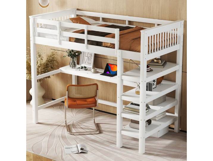 Lit surélevé 90 x 200 Lit surélevé pour enfants avec compartiments de rangement et bureau sous le lit Sans matelas Blanc