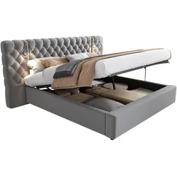 OKWISH Polsterbett 160x200 mit hydraulischem Bettkasten und Leselicht – Elegantes Design in Grau mit gepolstertem Kopfteil