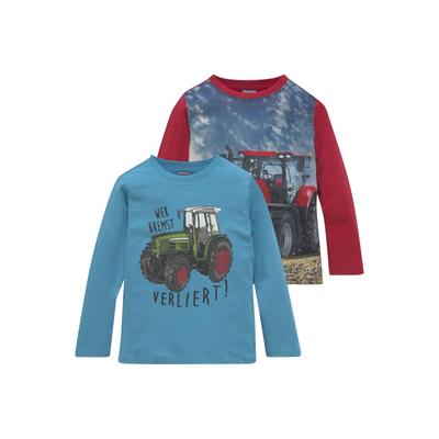 Langarmshirt KIDSWORLD "Traktoren", Jungen, Gr. 92/98, bunt (rot, türkis), Single Jersey, Obermaterial: 100% Baumwolle. Obermaterial Vorderteil: 100% Polyester, bedruckt, Basic, Rundhals, Shirts Langarmshirt, Langarm, Basic-Passform, bedruckt