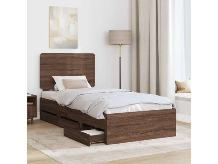 SKTQYQO Bettgestell Eiche Braun 75 x 190 cm Technisches Holz, 6 versteckte Schubladen, robuste Latten, einfache Montage
