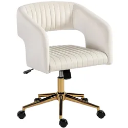 OKWISH Bürostuhl Samtoptik Cremeweiß 62x61x84 cm drehbar höhenverstellbar mit Wippfunktion leise Rollen Stahlrahmen verchromte Basis