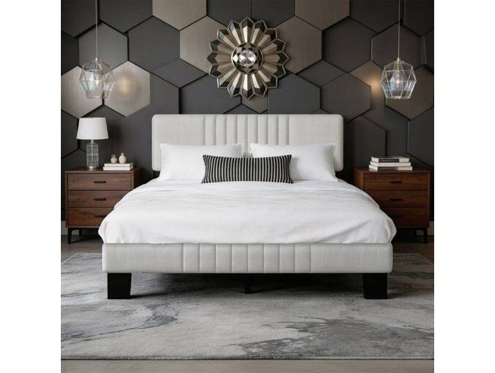 YIDATONG –Lit Adulte 140x190 cm Scandinave - Tissu en Lin Beige –Sommier Inclus –Tête de lit réglable