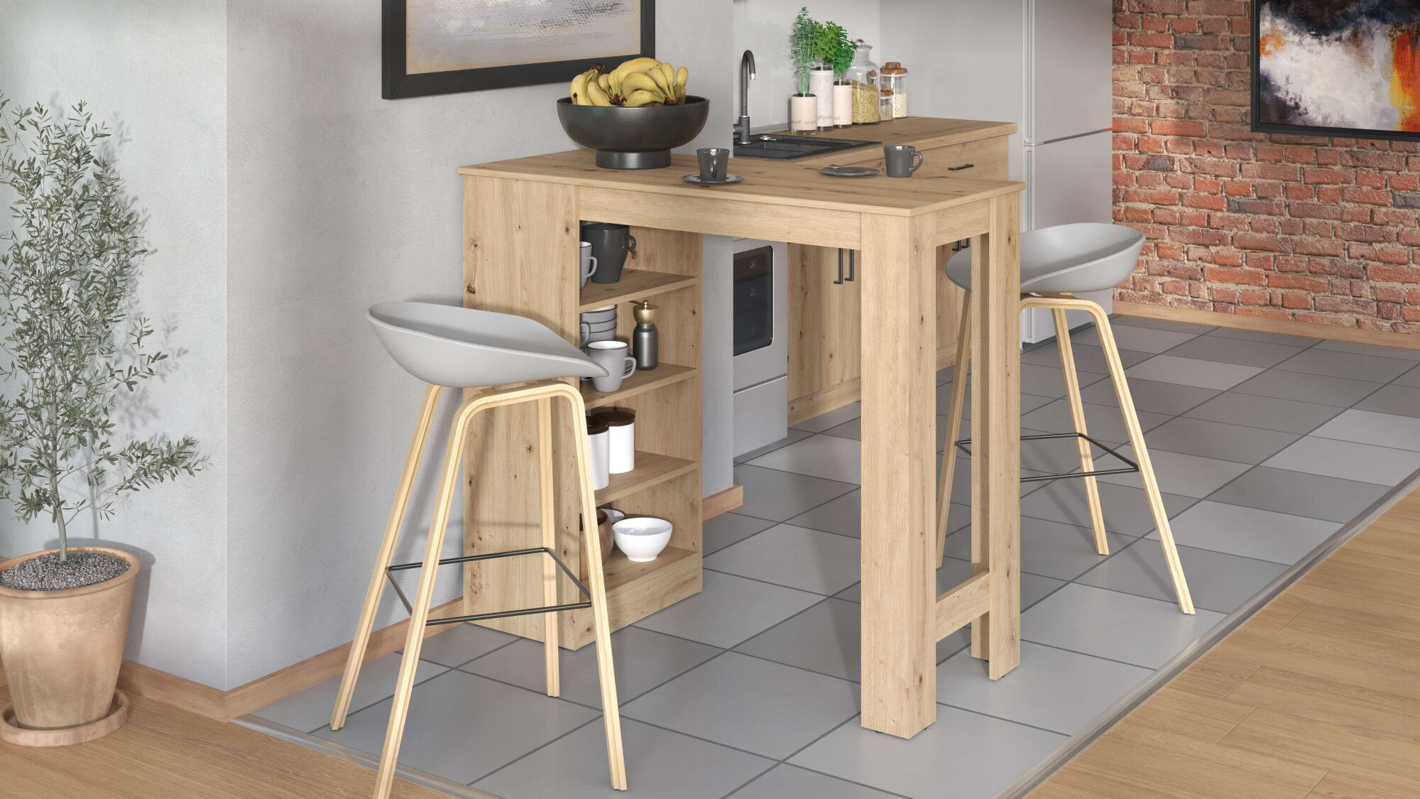 Bartisch HOME AFFAIRE "Valence, 120x50x150 cm, Küchentisch, Bartresen, Stehtisch, Bartheke", braun (artisan eiche, artisan eiche), B:120cm H:105cm T:50cm, Tische, Bartisch, mit 4 Regalfächern, Eiche-Optik oder Weiss, Stilvoll und zeitloser artisan eiche, 