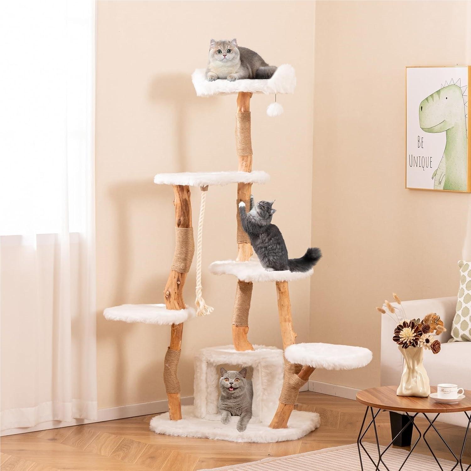 Holzturm für Katzen - Kratzbaum - Katzenbaum - Spielturm - Katzenmöbel - Massives Birnenholz - Kratzpfosten aus Jute