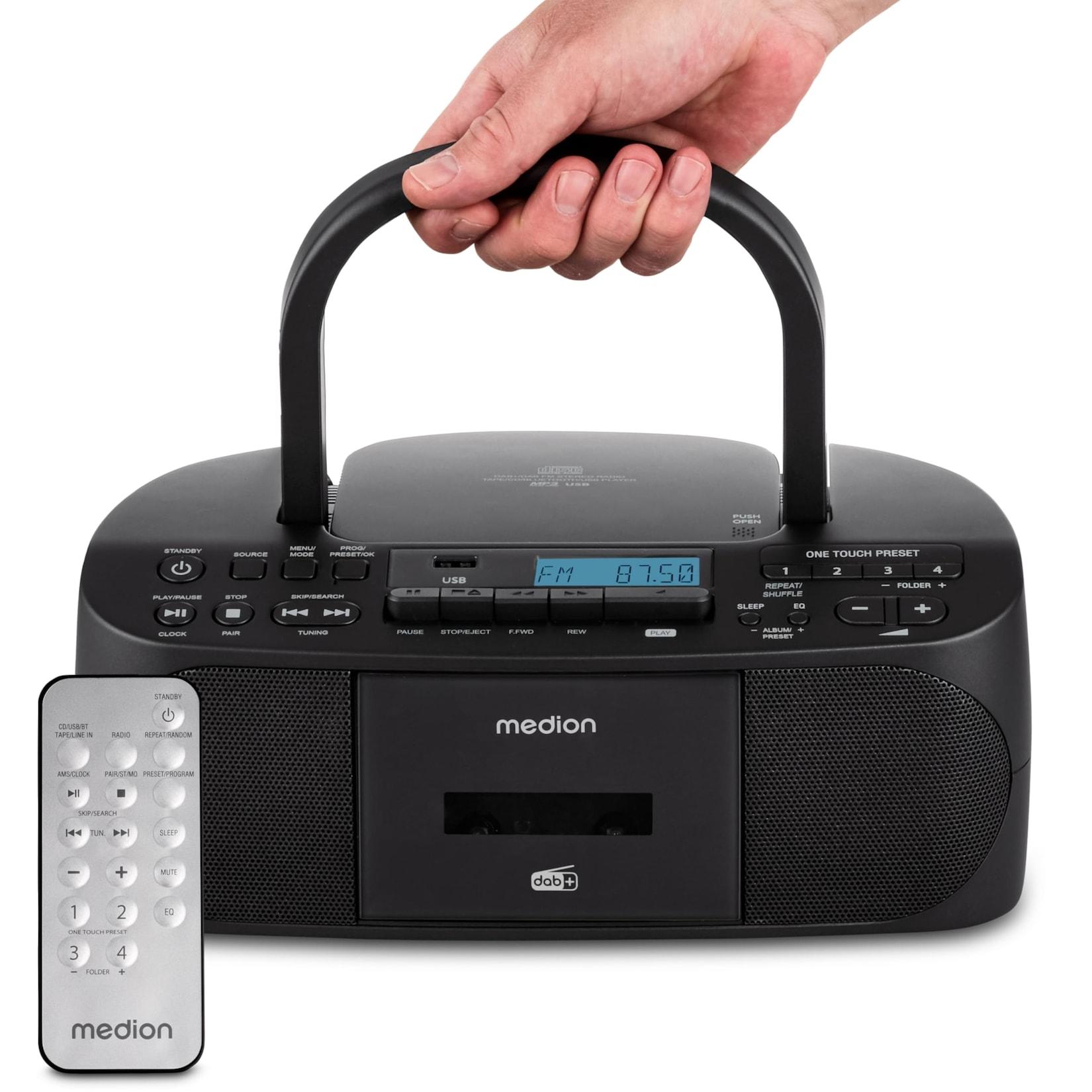 Medion MD400003 LIFE DRX-1 Plus schwarz Radiorekorder mit CD-Spieler und Kassettendeck (DAB+/PLL-UKW-Stereo Radio, Bluetooth® 5.4, CD-Kassetten-Radio mit MP3-Wiedergabe, USB Anschluss, CD-R/RW kompatibel, AUX-In, 2 x 3 Watt RMS)