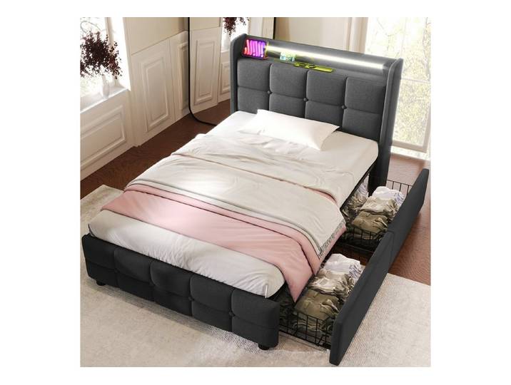 REDOM Polsterbett Doppelbett mit aufladen USB Ladefunktion Kopfteil (mit aufladen USB Ladefunktion LED-Beleuchtung und 2 Schubladen, 90 x 200 cm ohne-Matratze)