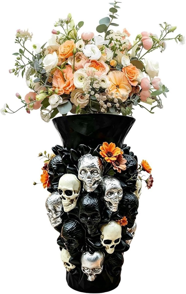 Zwarte Schedel Vaas van Robuust Hars voor Halloween Decoratie, Hoogte: 20,5 cm