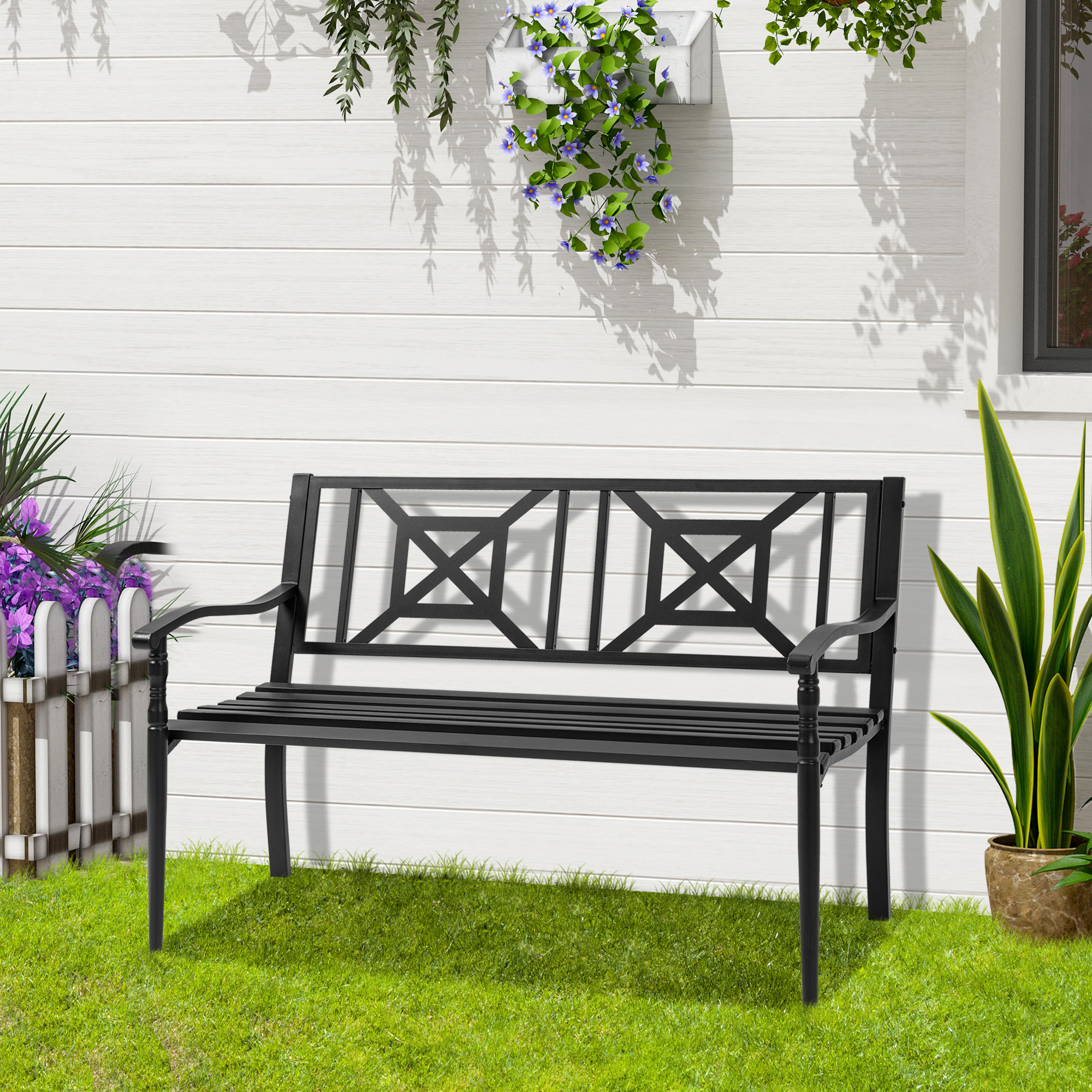 Outsunny HOMCOM Panchina in Ferro Nera in Acciaio per 2 Persone Panchina da Giardino con Schienale Alto e Braccioli, 128x62.5x81.5 cm Aosom