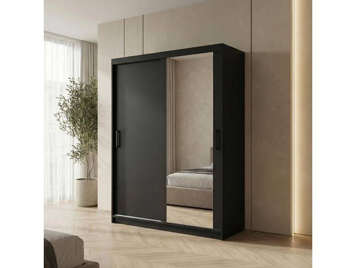 BEAUTYSOFA Schwebetürenschrank HELA 120 cm Schwarz – 2-türig Moderner Kleiderschrank mit Spiegel und Schiebetüren