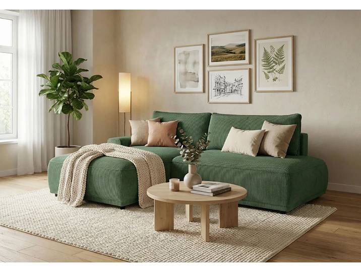Ecksofa, 250x167 cm, Cordstoff, Dunkelgrün, Schlaffunktion & Bettkasten, Modern