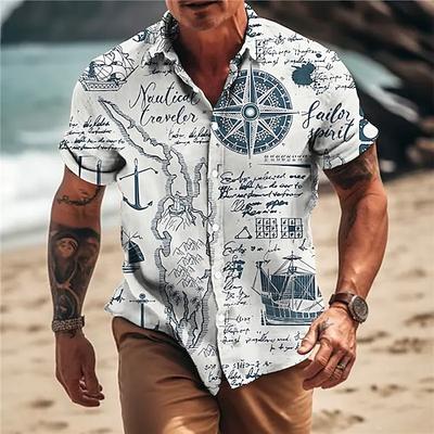 Herren Anker Vintage Kompass Hemd Knopfhemd Kurzarm Vintage Mode Designer Outdoor Lässig Sommer Frühling Umlegekragen Druck Schwarz Weiß Gelb Blau Grau
