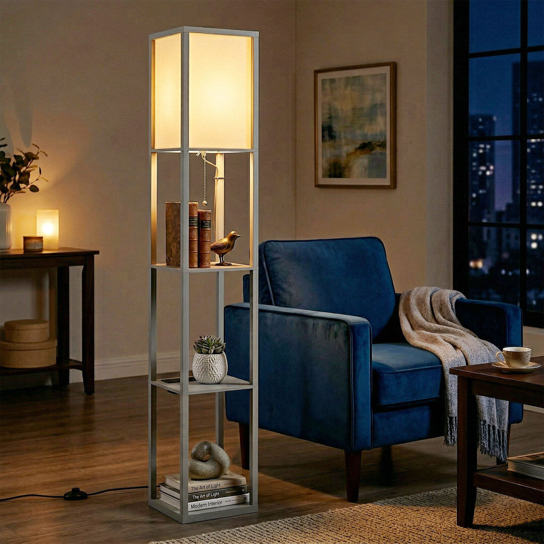 17 Stories HOMCOM 3 Tier Floor Lamp Power Outlets 3 Colour Temperature USB Ports Grey 160cm H X 26cm W X 26cm D