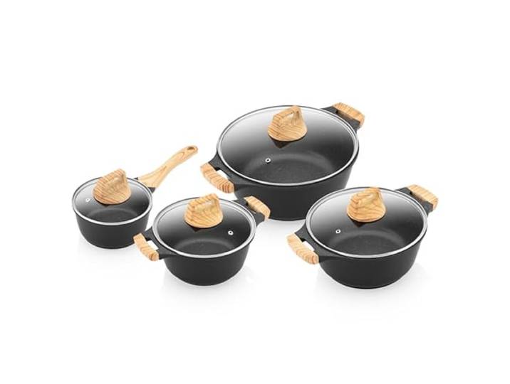ETA Kochtopf-Set I Titanium II I Kochgeschirrset I 8-teilig I Induktiongeignet I Titanium Oberfläche I 3 Töpfe 16/20 / 24/28 cm I 1 Kasserolle 16 I Deckel I antihaftbeschichtet I spülmaschinenfest