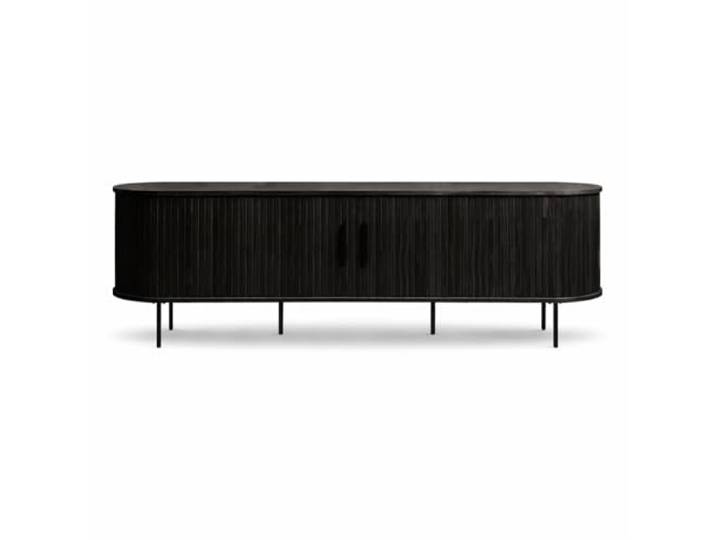 Liadomo Lowboard 180 cm, Uriel, TV-Schrank, Schwarz TV-Board, TV-Möbel, Kommode, Eiche Furnier, Lamellen-Optik, Stauraum, Schiebetüren, 2 Einlegeböden, hohe Metallbeine
