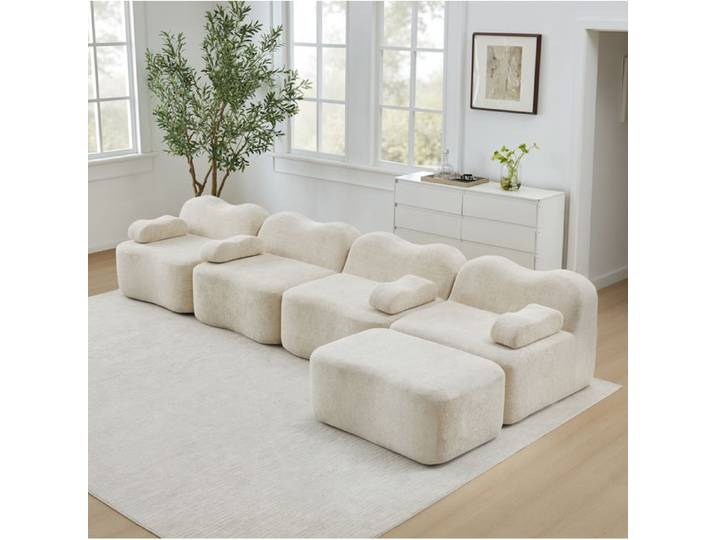 JOINERY Canapé Angle Modulable 4 Places Avec Ottoman Velours Beige Mousse Haute Densité 32D Salon Appartement
