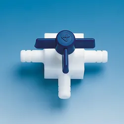 Dreiweg-Hahn mit Oliven aus PTFE für Schlauch-Innen-Ø 6 mm Bohrung 3 mm