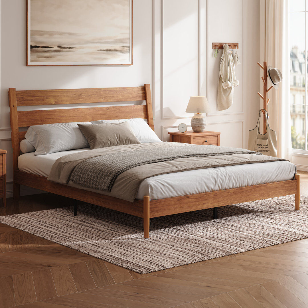George Oliver Mid-Century Modern Solid Wood Platform Bed with Slatted Headboard Yellow Double (4'6)