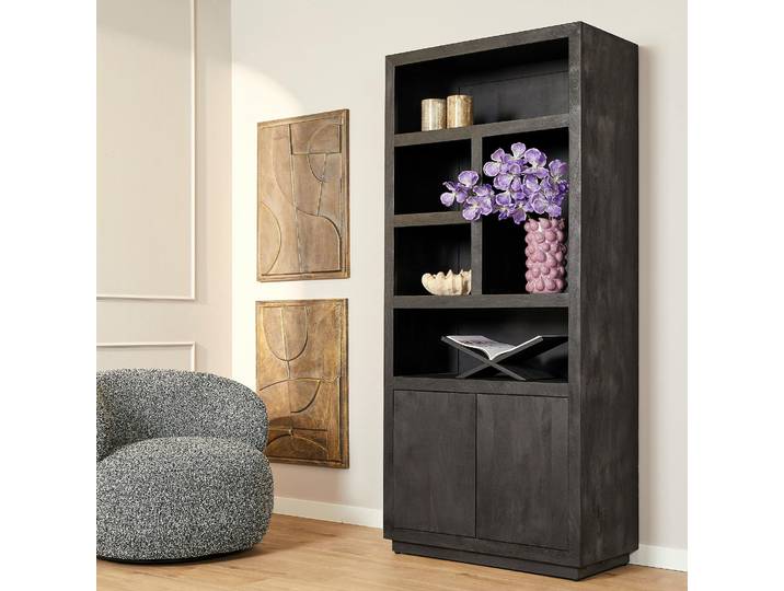 Bibliothèque haute en bois, 2 portes 5 niches MONTARO - Noir