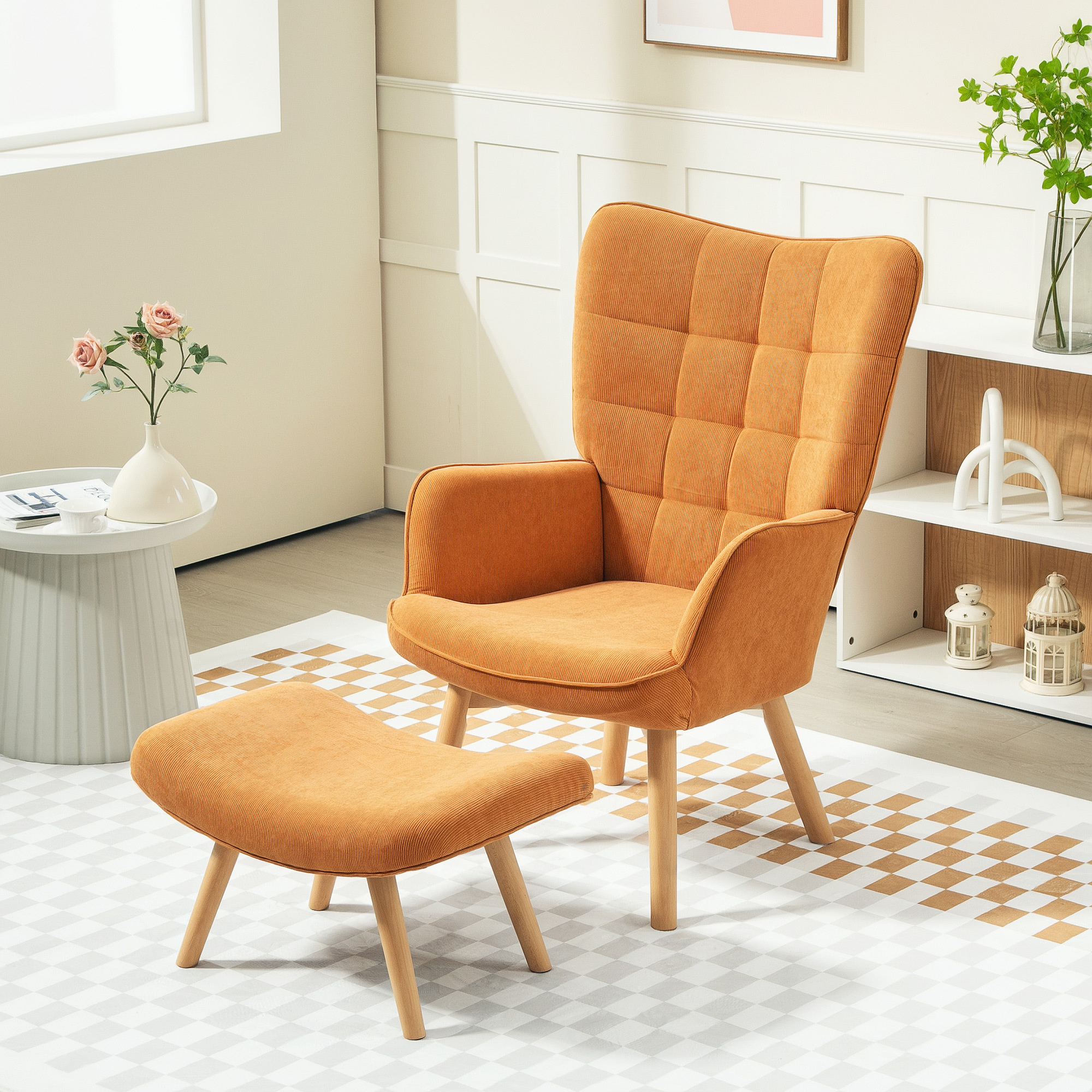 Homcom Poltrona Accent con Pouf, Poltrona Relax in Corda, Poltrona con Braccioli in Legno, per Soggiorno, Marrone