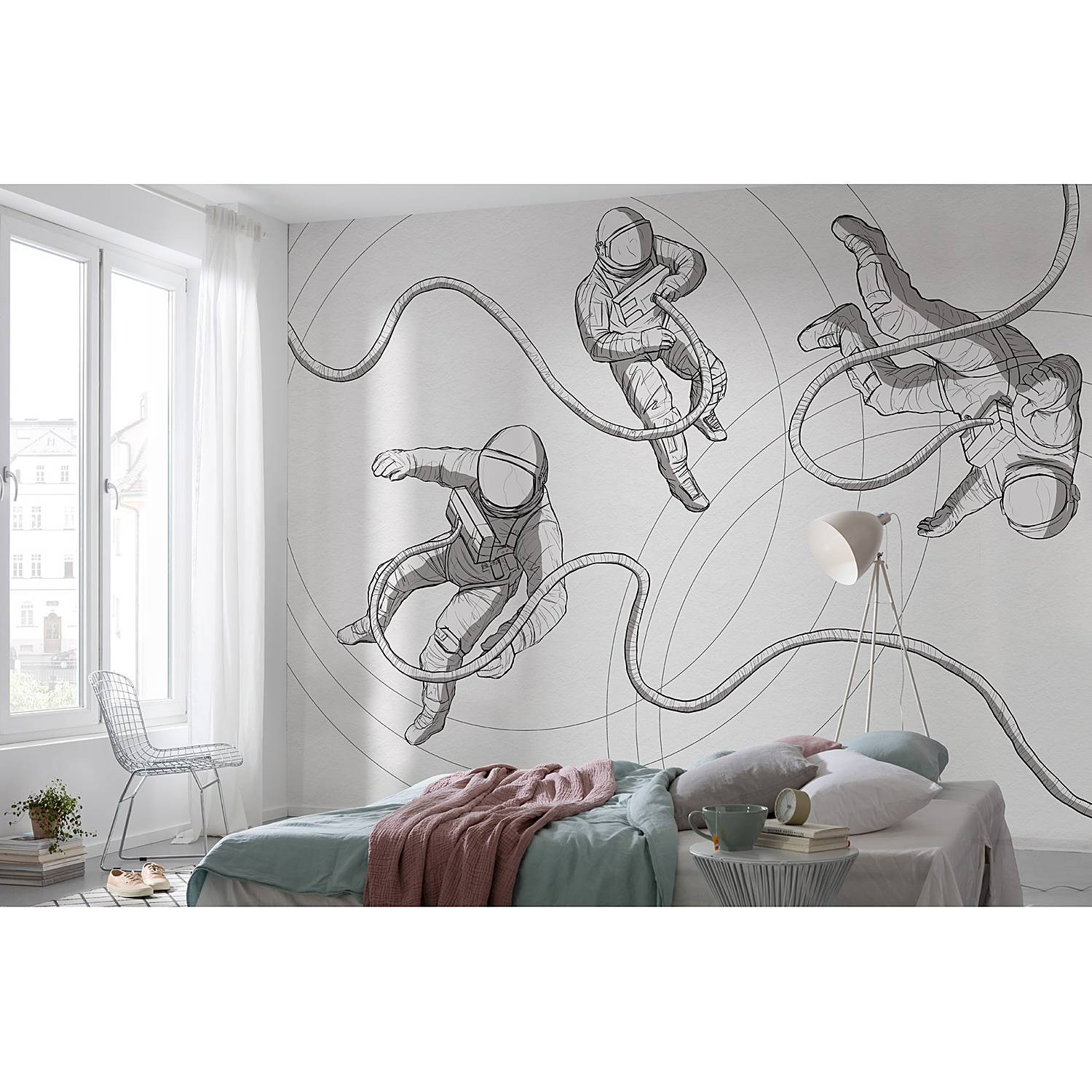 home24 Fotobehang Extraordinary Astronauts, Abstract Modern Mural, Zwart Grijs Wit, B: 400 cm, H: 280 cm
