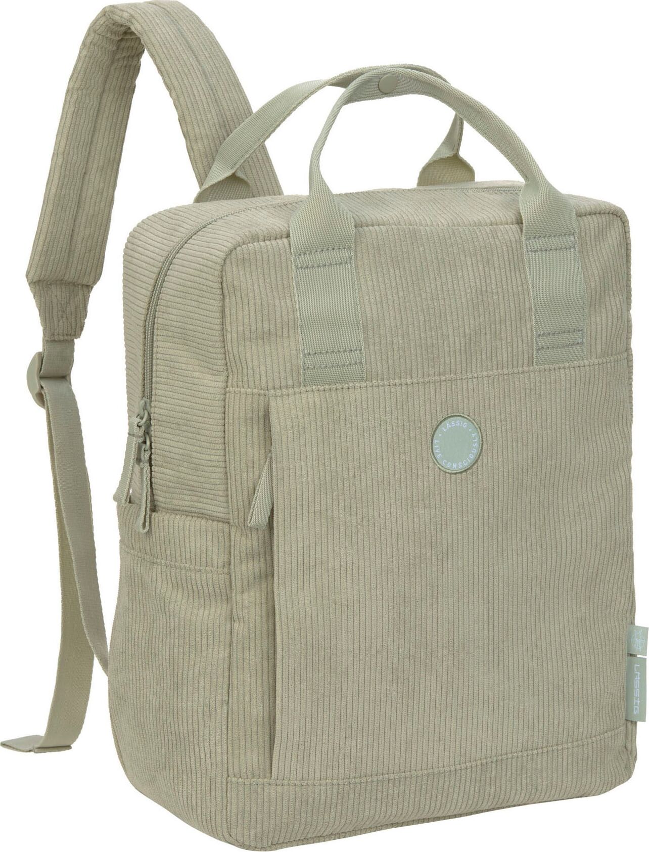 Wickelrucksack LÄSSIG "Green Label, Vividal Backpack Cord, light khaki", Damen, Gr. B/H/T: 29cm x 38cm x 14cm, grün (khaki), Polyester, Polyurethane, Rucksäcke Wickelrucksack