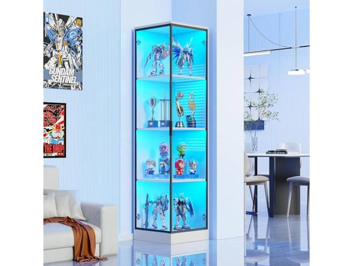 BROTTAR Mini Eckvitrine mit Türen, 4-stöckig, 3-farbige Beleuchtung, Weiß