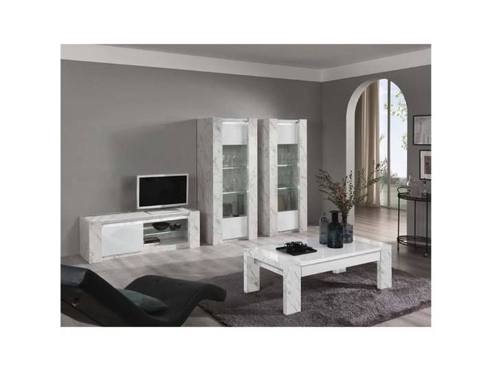 PRAVA - Ensemble Salon Complet Blanc et Effet Marbre Meuble TV et Vitrines avec Leds + Table Basse