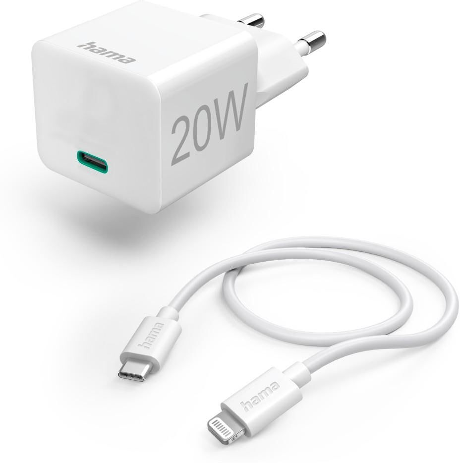 Hama Smartphone-Ladegerät "Schnellladegerät m. Ladekabel Lightning Mini Ladegerät PD 20W 1m Weiß", weiß, B:9cm H:3,5cm T:19,5cm, Ladegeräte, Smartphone-Ladegerät