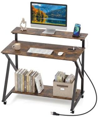 Costway Rolling Computer Desk with Charging Station and Monitor Shelf Storage for Home Office-Rustic Brown