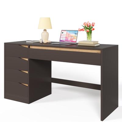 Merax Schreibtisch 140x50x78 cm mit 5 Schubladen, moderner Computertisch Grau/Eiche, Homeoffice-Tisch & Schminktisch mit Stauraum