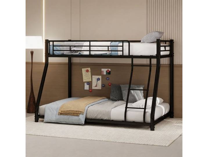 Lit superposé en métal 90×190/140×190 cm - URTR - avec échelle et rampes de sécurité - noir - sans matelas