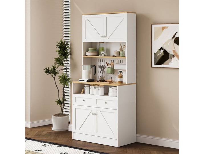 Buffet cuisine haut vaisselier 80 cm avec panneau perforé plan de travail et rangement portes et tiroirs bois blanc campagne